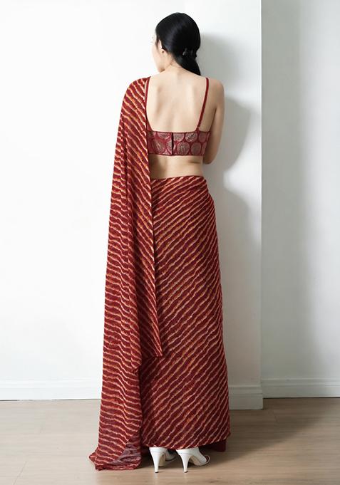 Red Printed Chiffon Pre Stitched Saree