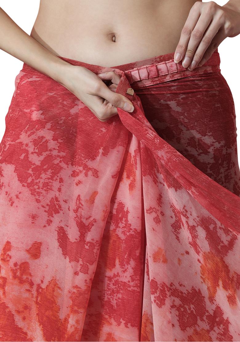 Pink Printed Chiffon Pre Stitched Saree