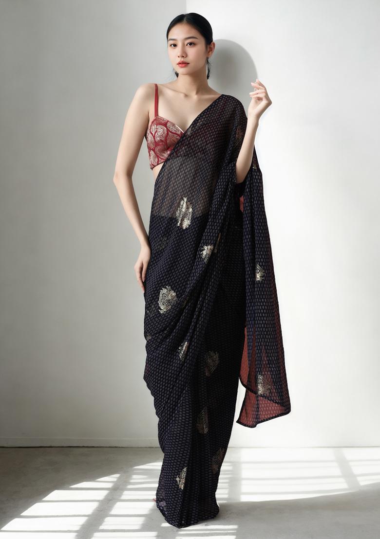 Navy Blue Printed Chiffon Pre Stitched Saree
