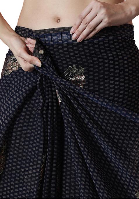 Navy Blue Printed Chiffon Pre Stitched Saree