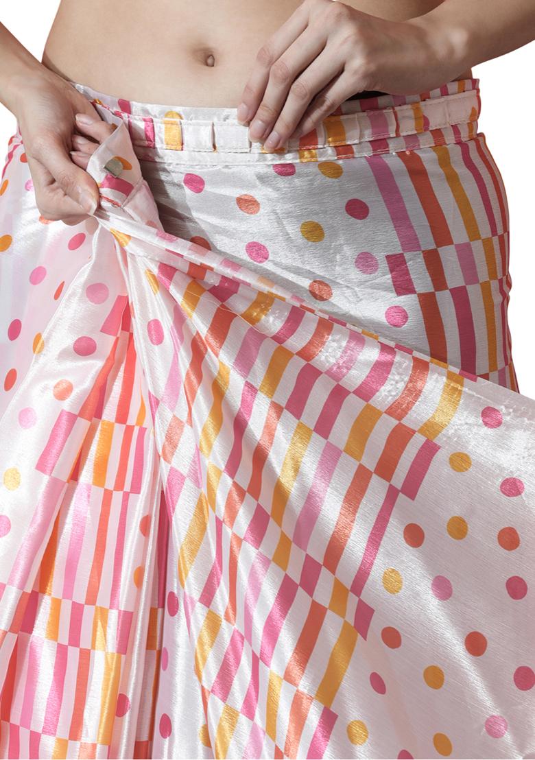 Cream Digital Print Chinon Pre Stitched Saree