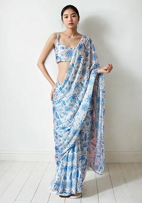 Cream Digital Print Chinon Pre Stitched Saree