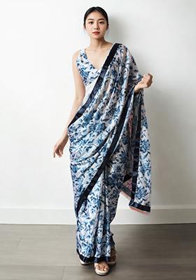 White Digital Print Chinon Pre Stitched Saree