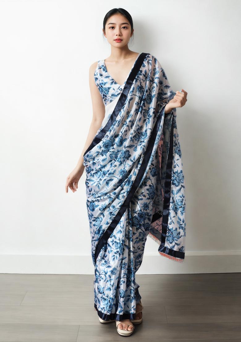 White Digital Print Chinon Pre Stitched Saree