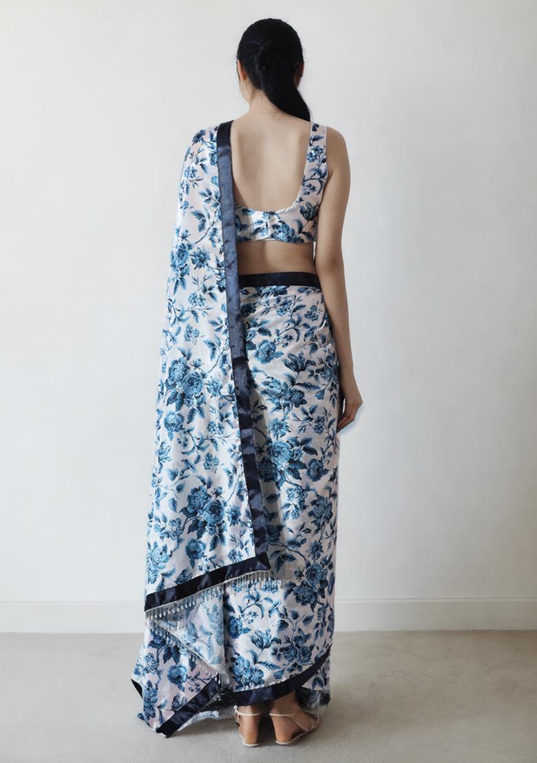 White Digital Print Chinon Pre Stitched Saree