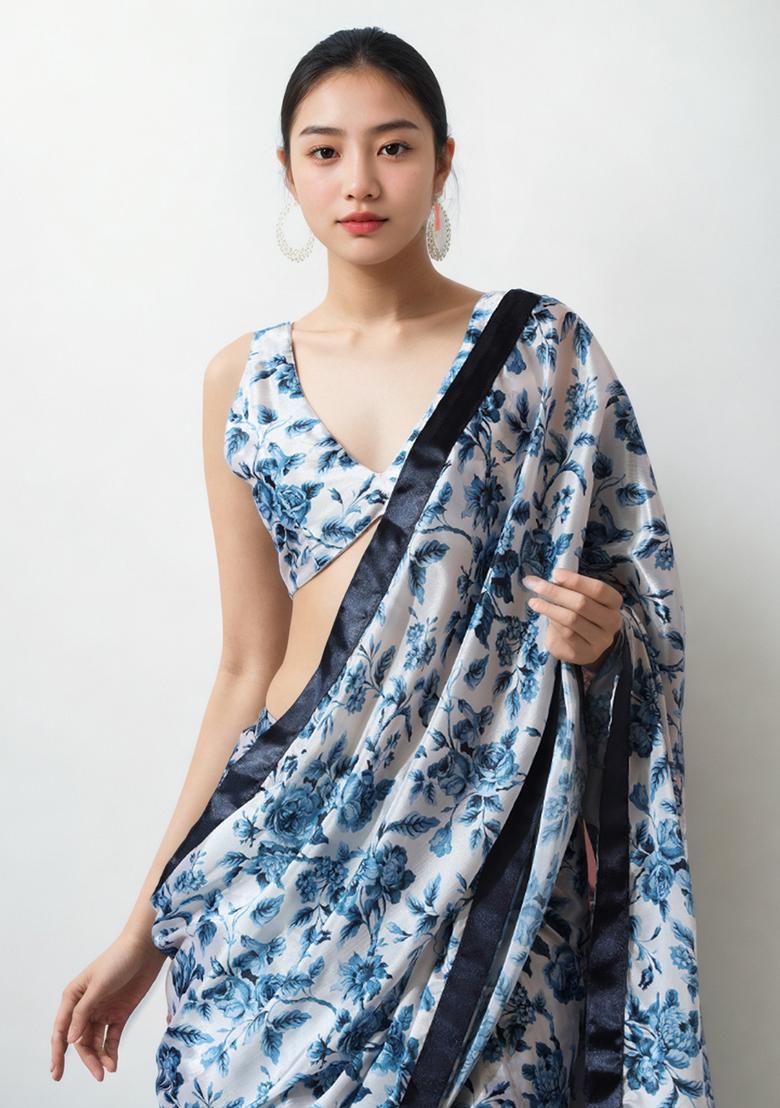 White Digital Print Chinon Pre Stitched Saree