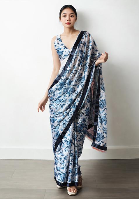 White Digital Print Chinon Pre Stitched Saree