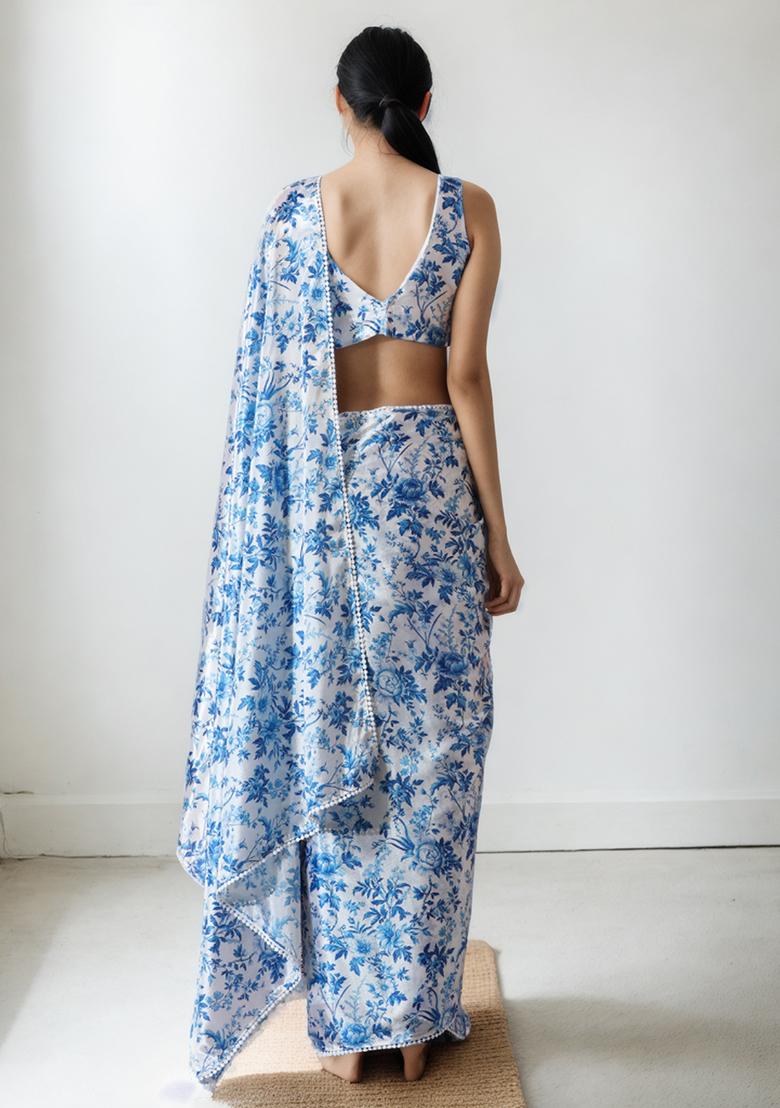 White Digital Print Chinon Pre Stitched Saree