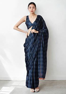 Navy Blue Digital Print Chinon Pre Stitched Saree