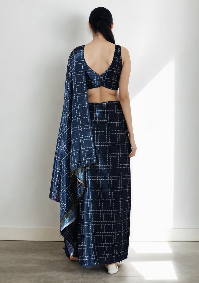 Navy Blue Digital Print Chinon Pre Stitched Saree