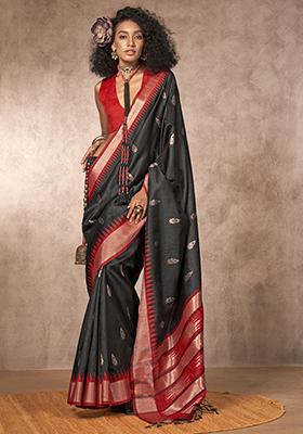 Black Weaving Work Silk Saree Set