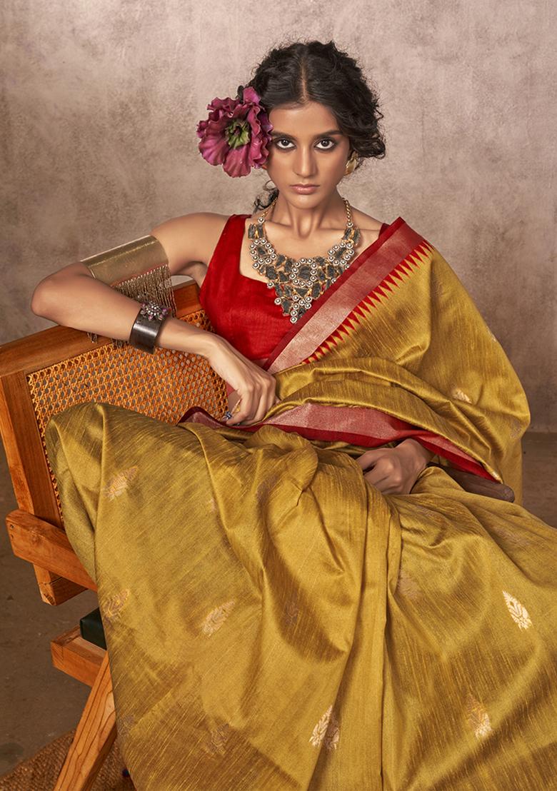 Mustard Yellow Weaving Work Silk Saree Set