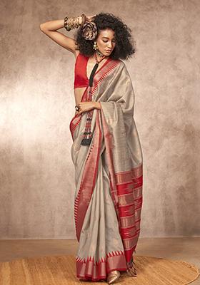 Light Grey Weaving Work Silk Saree Set