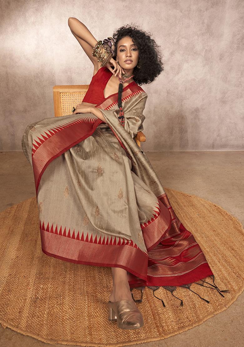 Light Grey Weaving Work Silk Saree Set