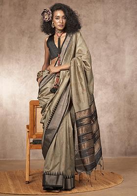 Light Grey Weaving Work Silk Saree Set
