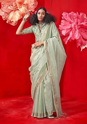 Sea Green Zari Work Tissue Saree Set