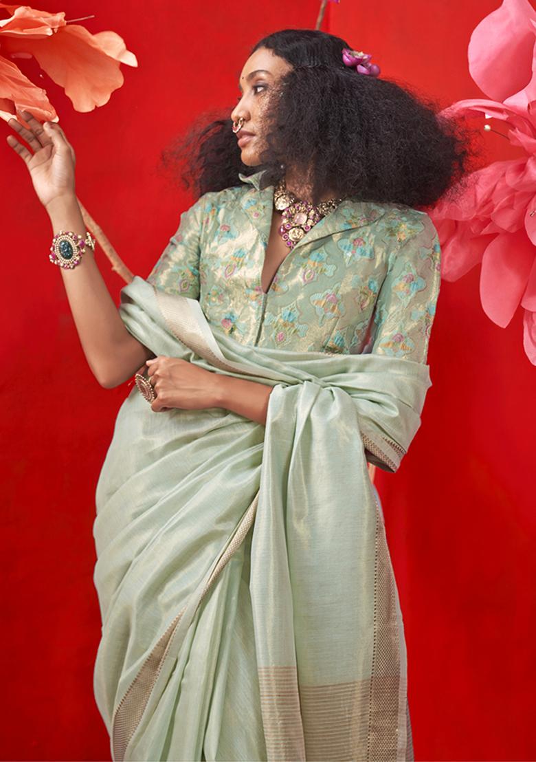 Sea Green Zari Work Tissue Saree Set