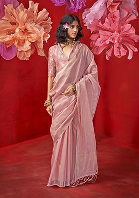 Light Pink Zari Work Tissue Saree Set