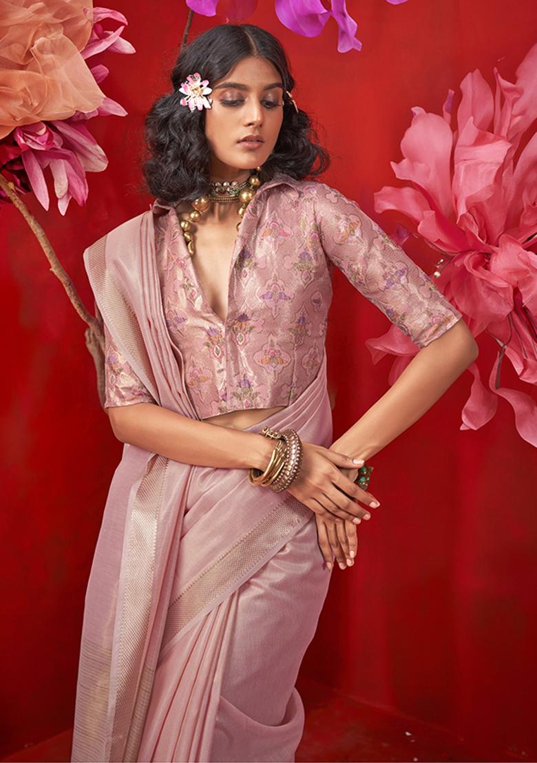 Light Pink Zari Work Tissue Saree Set