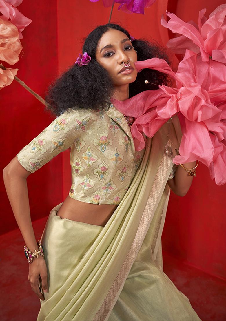 Light Green Zari Work Tissue Saree Set