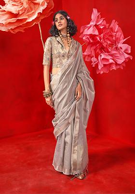 Light Grey Zari Work Tissue Saree Set