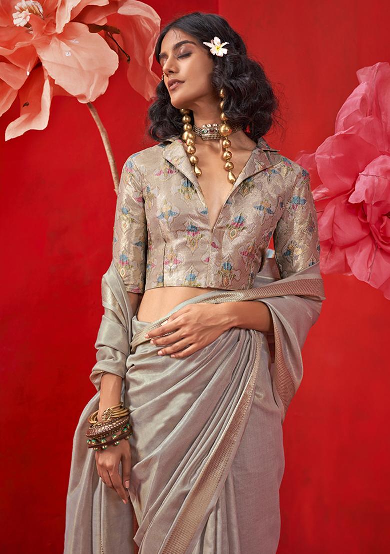 Light Grey Zari Work Tissue Saree Set