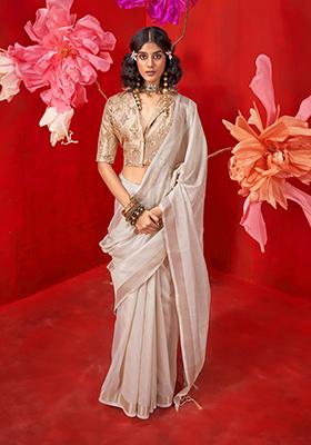 Off White Zari Work Tissue Saree Set