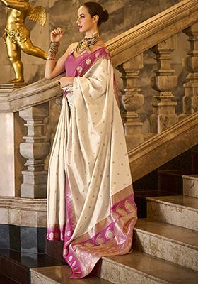 Cream Zari Work Silk Saree Set