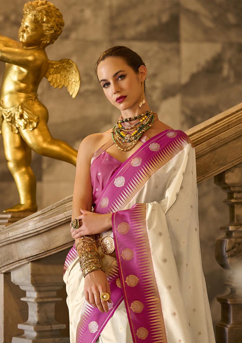 Cream Zari Work Silk Saree Set