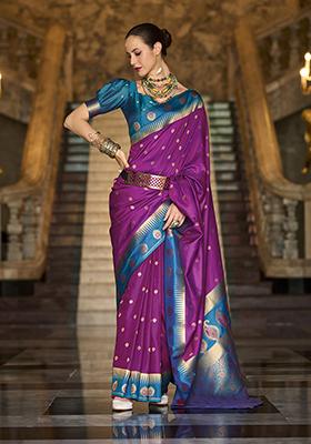 Dark Magenta Zari Work Silk Saree Set