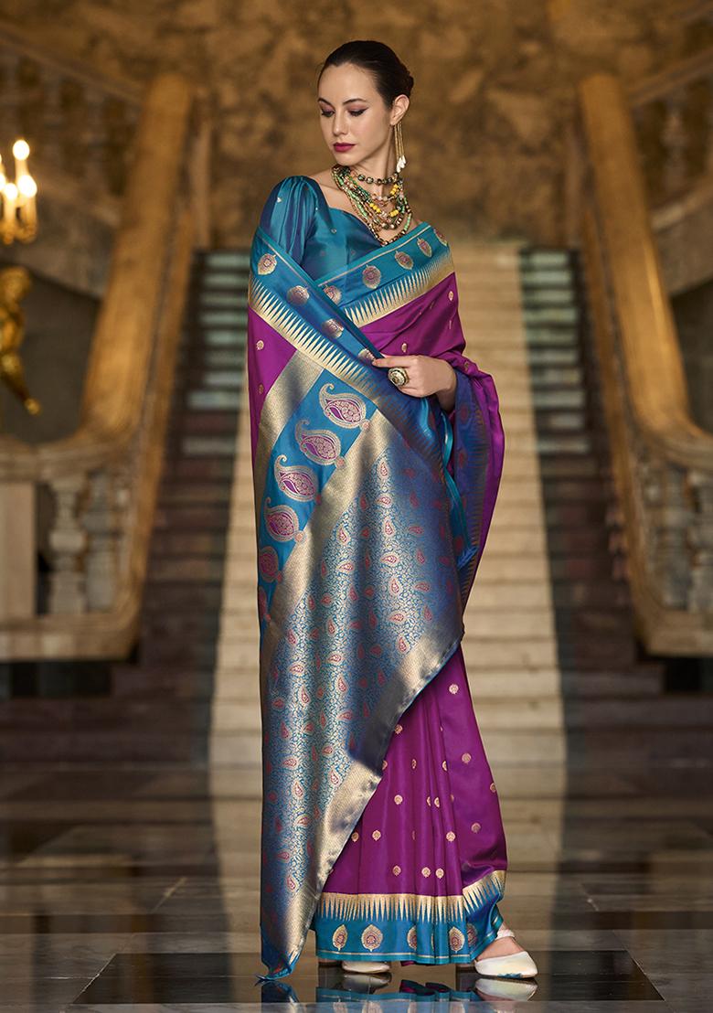 Dark Magenta Zari Work Silk Saree Set