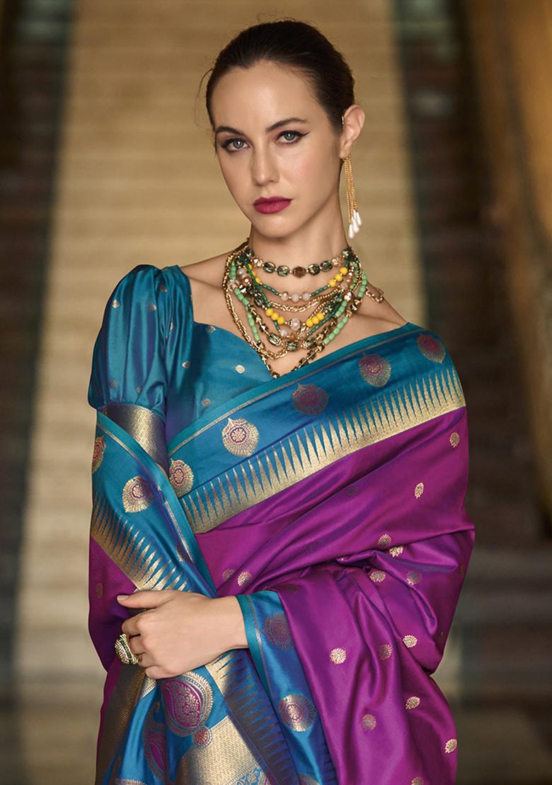 Dark Magenta Zari Work Silk Saree Set