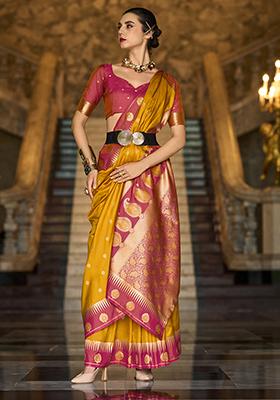 Amber Yellow Zari Work Silk Saree Set