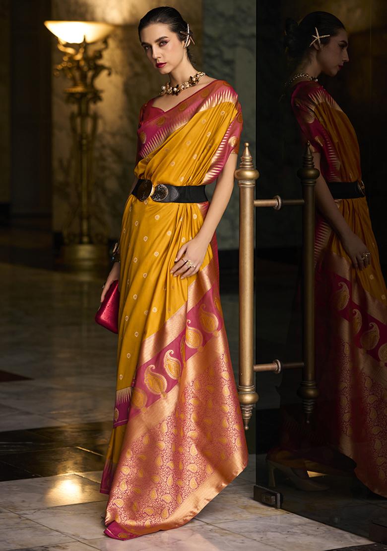 Amber Yellow Zari Work Silk Saree Set