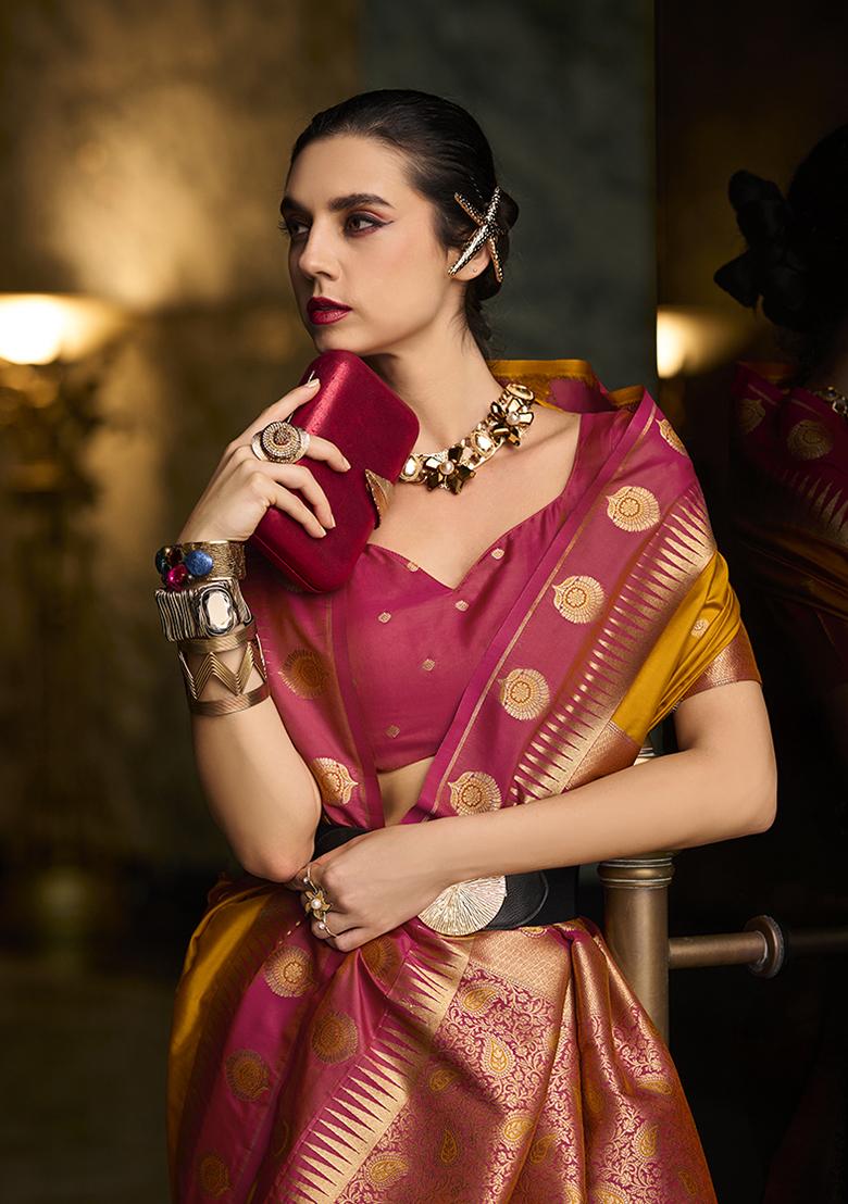 Amber Yellow Zari Work Silk Saree Set