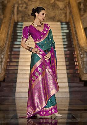 Teal Blue Zari Work Silk Saree Set