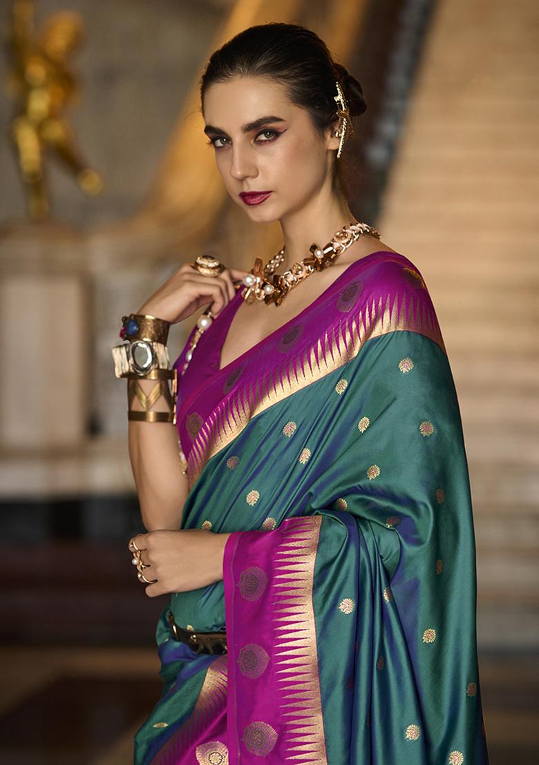 Teal Blue Zari Work Silk Saree Set