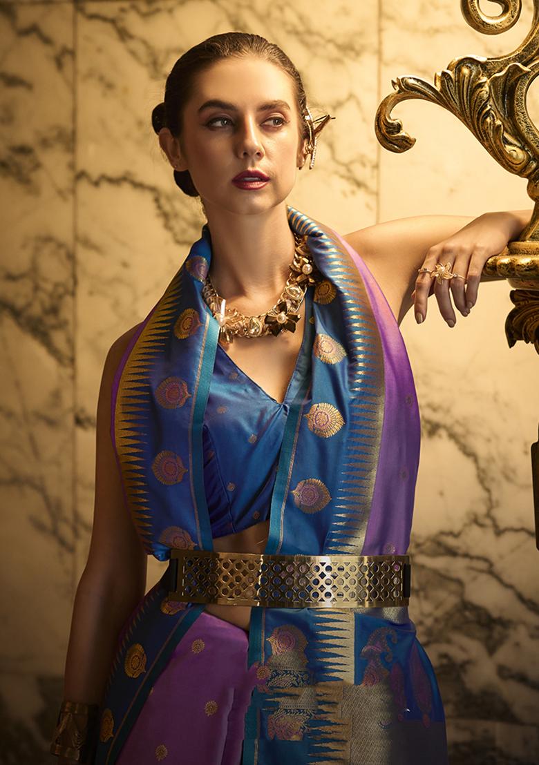 Lavender Zari Work Silk Saree Set