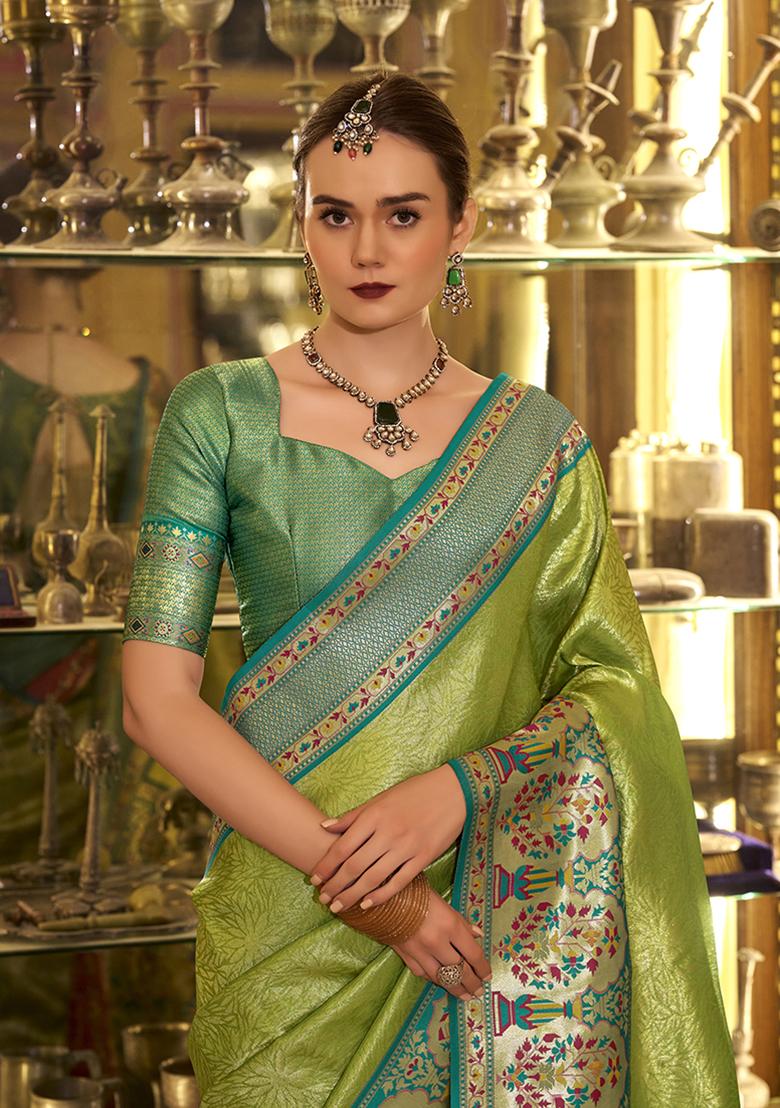 Parrot Green Zari Work Silk Saree Set