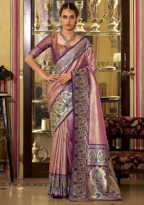 Rose Pink Zari Work Silk Saree Set