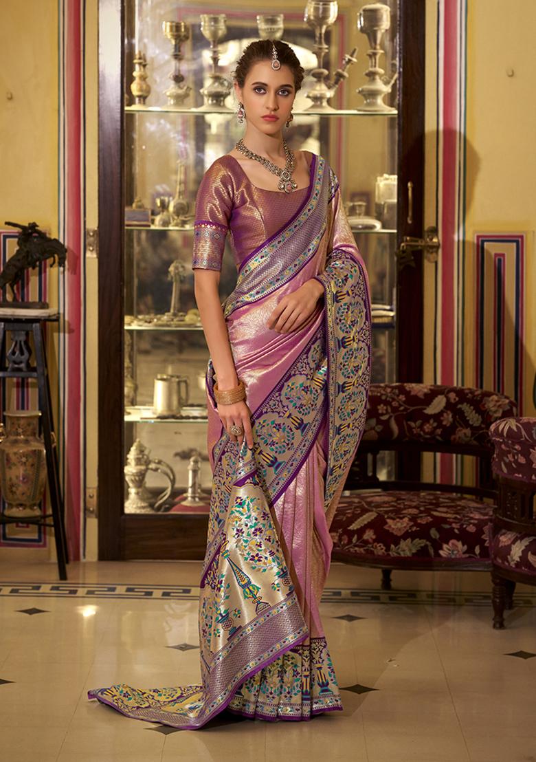 Rose Pink Zari Work Silk Saree Set