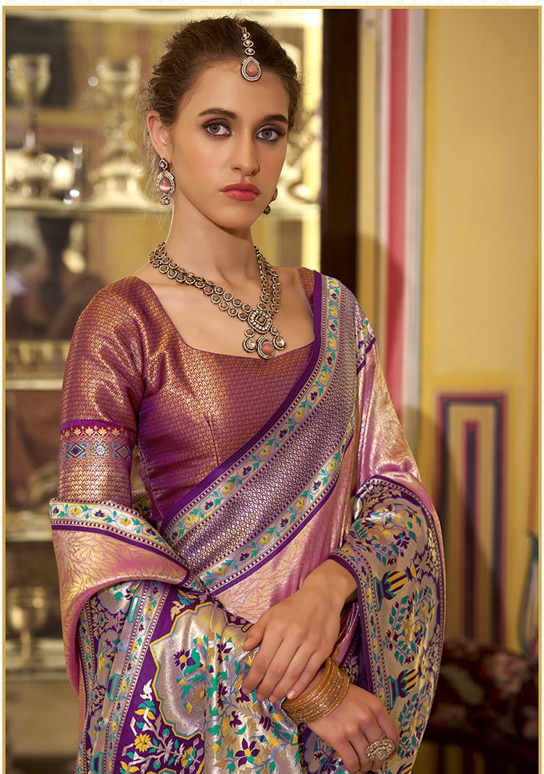 Rose Pink Zari Work Silk Saree Set