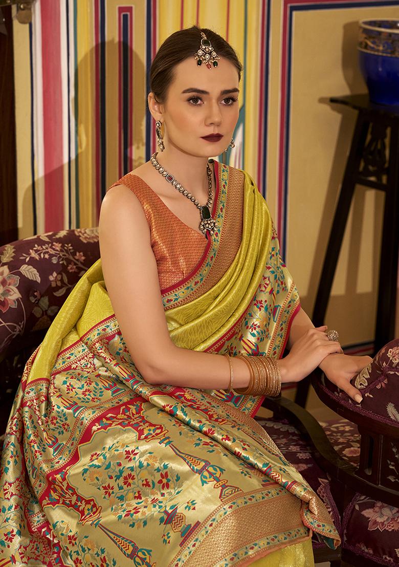 Yellow Zari Work Silk Saree Set