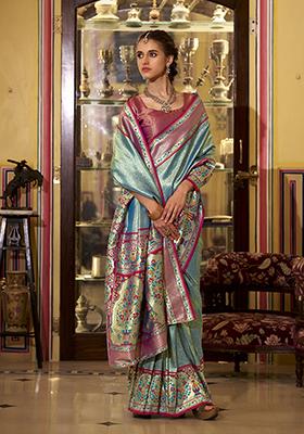 Aqua Blue Zari Work Silk Saree Set