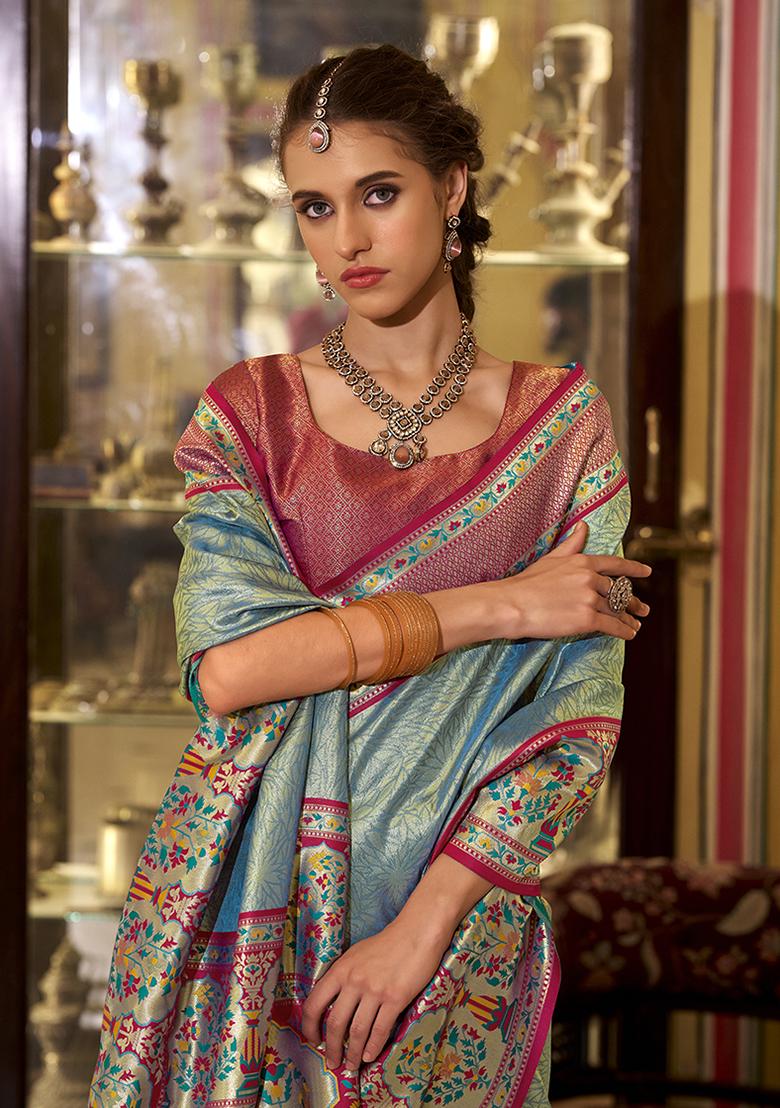 Aqua Blue Zari Work Silk Saree Set