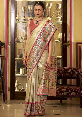 Cream Zari Work Silk Saree Set