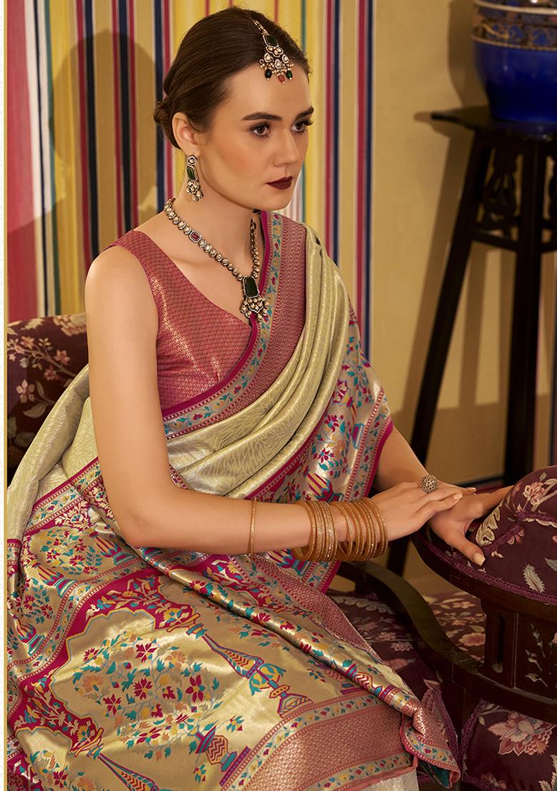 Cream Zari Work Silk Saree Set