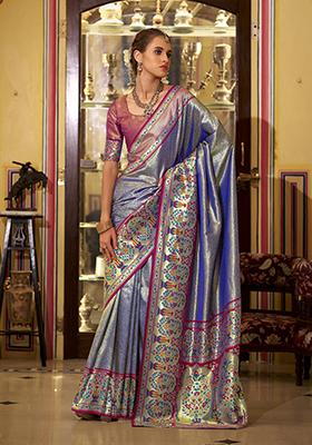 Violet Zari Work Silk Saree Set