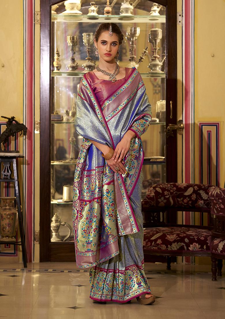 Violet Zari Work Silk Saree Set