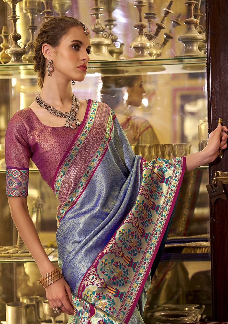 Violet Zari Work Silk Saree Set